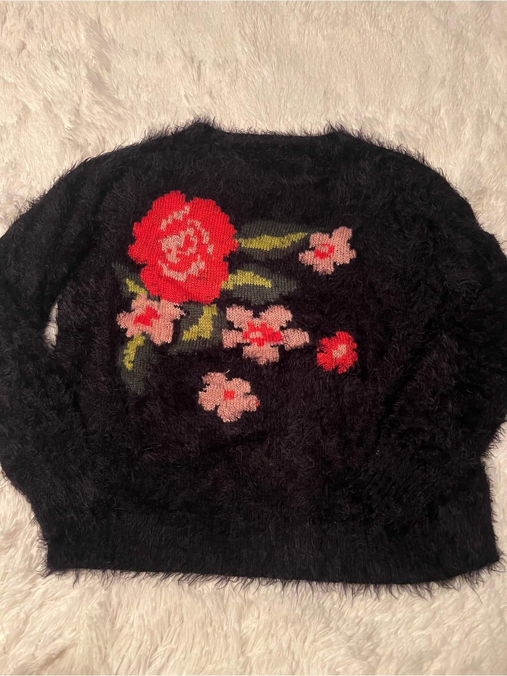 Jessica Simpson Black Fuzzy Crewneck Sweater with Red and Pink Floral